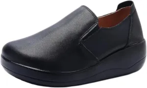 Women's Leather Rocker Loafers Comfort Round Toe Non Slip Slip-On Platform Walking Shoes Casual Outdoor Mom Shoes