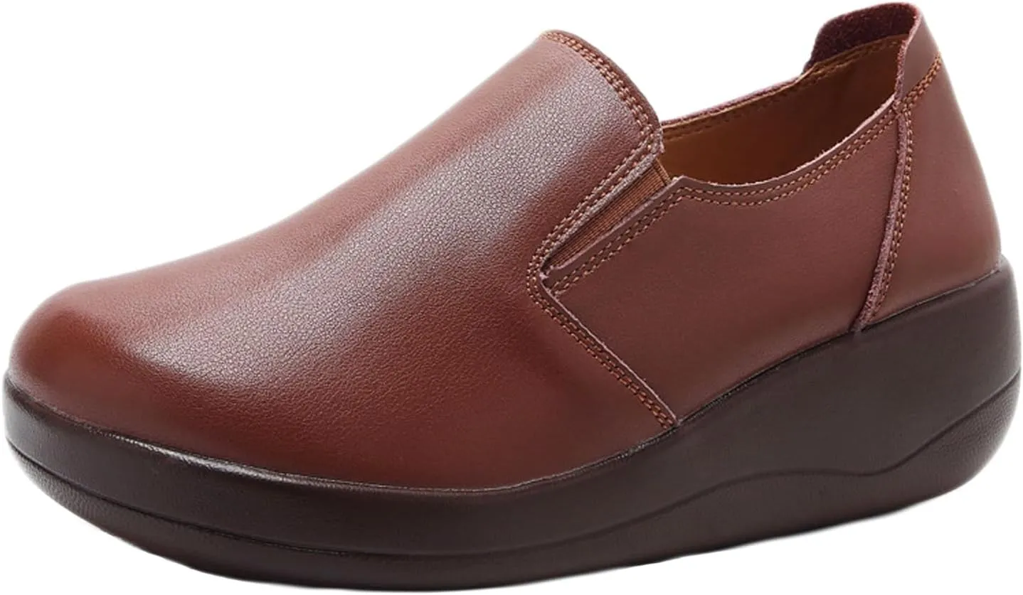 Women's Leather Rocker Loafers Comfort Round Toe Non Slip Slip-On Platform Walking Shoes Casual Outdoor Mom Shoes