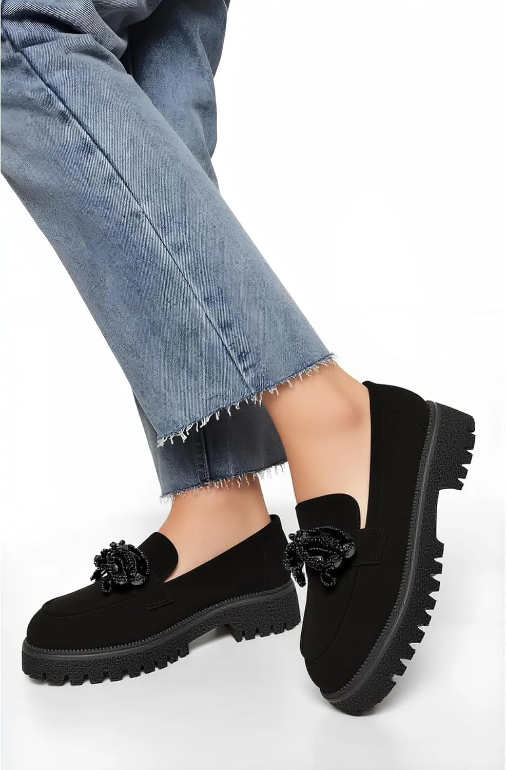 Women's Loafers Chunky Platform Slip On Bow-Knot Beaded Suede Loafers Lug Sole Casual Shoes for Women Dressy
