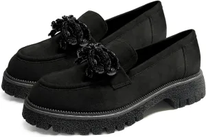 Women's Loafers Chunky Platform Slip On Bow-Knot Beaded Suede Loafers Lug Sole Casual Shoes for Women Dressy