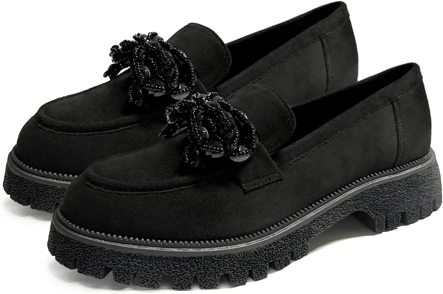Women's Loafers Chunky Platform Slip On Bow-Knot Beaded Suede Loafers Lug Sole Casual Shoes for Women Dressy