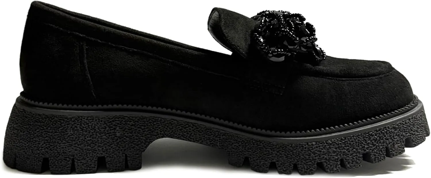 Women's Loafers Chunky Platform Slip On Bow-Knot Beaded Suede Loafers Lug Sole Casual Shoes for Women Dressy