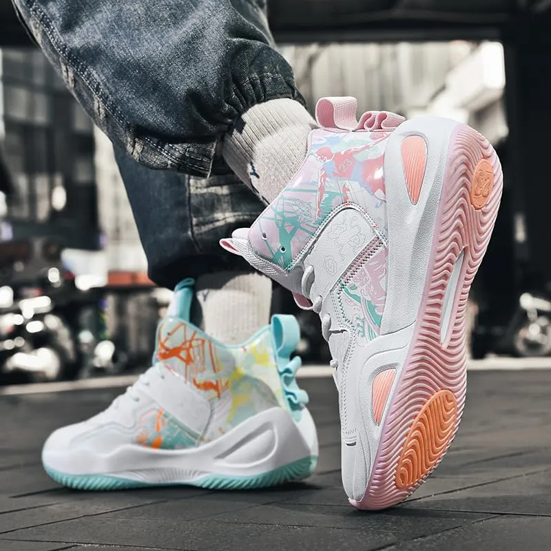 Womens Mens High-Top Basketball Shoes Breathable Lightweight Fashion Graffiti Athletic Sneakers Unisex Non Slip Outdoor Cushioning Training Sport Shoes