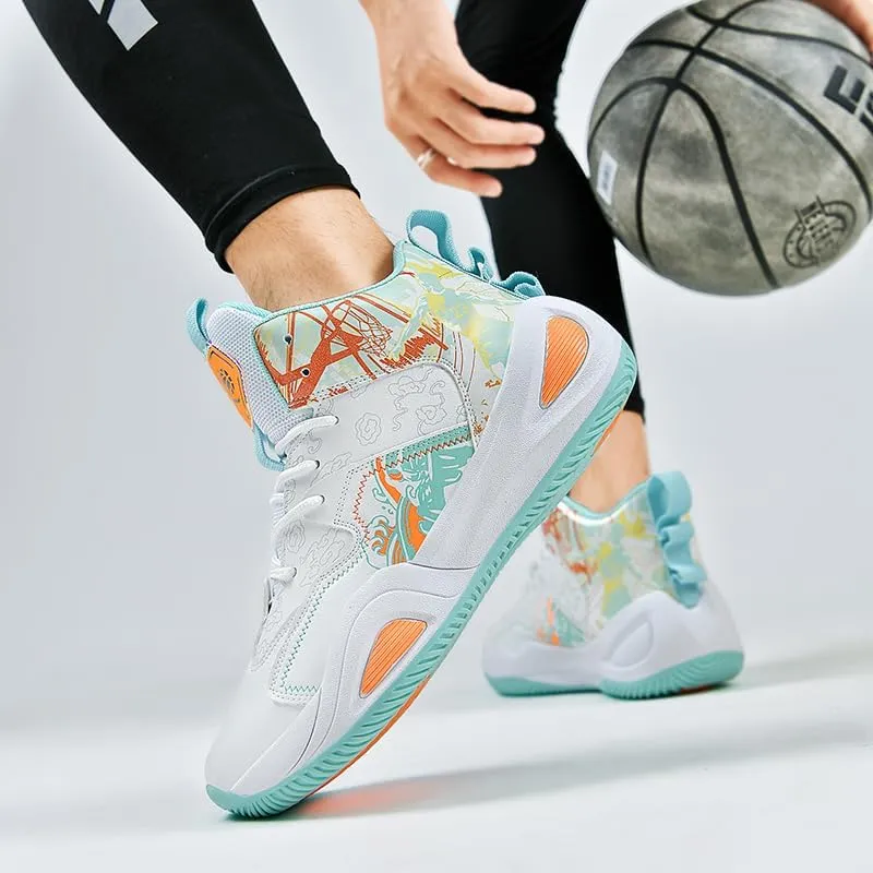 Womens Mens High-Top Basketball Shoes Breathable Lightweight Fashion Graffiti Athletic Sneakers Unisex Non Slip Outdoor Cushioning Training Sport Shoes