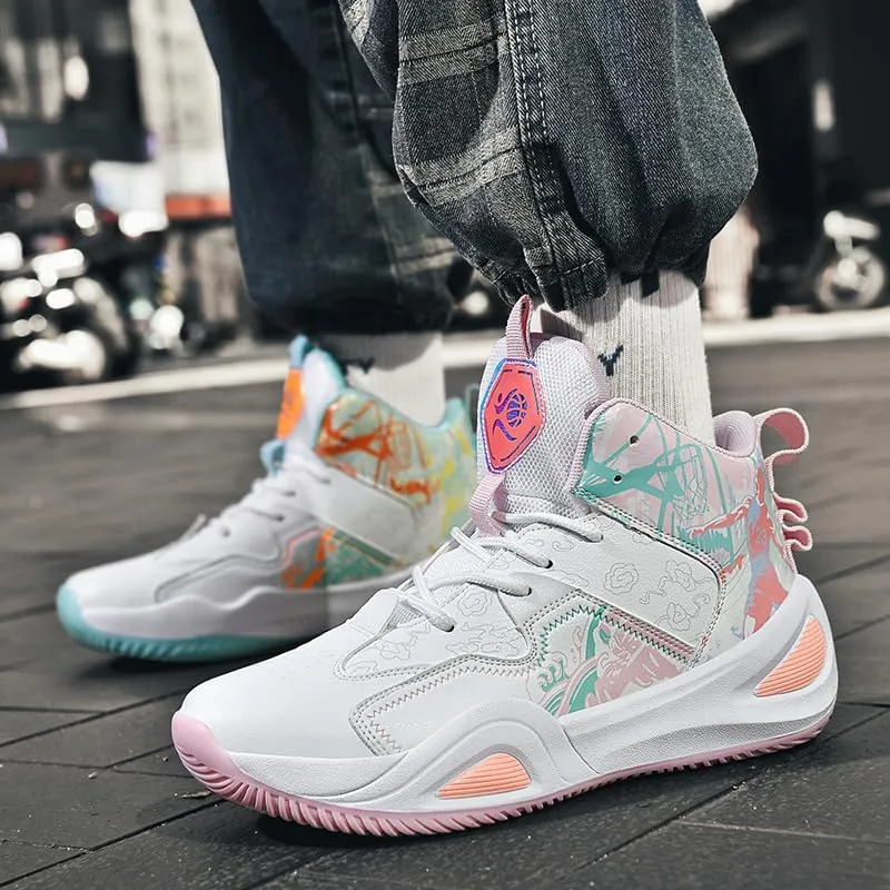 Womens Mens High-Top Basketball Shoes Breathable Lightweight Fashion Graffiti Athletic Sneakers Unisex Non Slip Outdoor Cushioning Training Sport Shoes