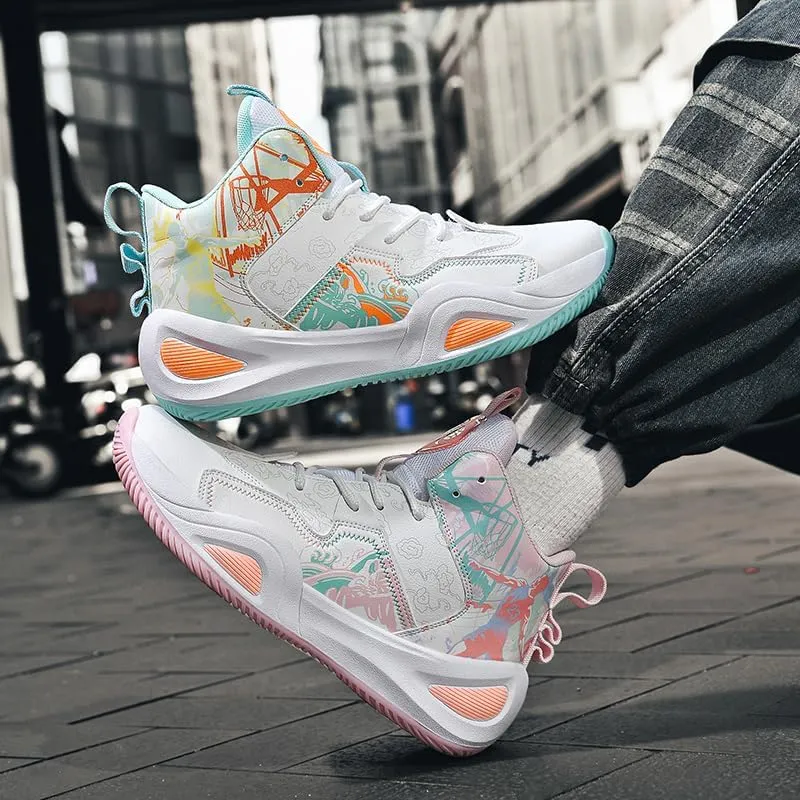 Womens Mens High-Top Basketball Shoes Breathable Lightweight Fashion Graffiti Athletic Sneakers Unisex Non Slip Outdoor Cushioning Training Sport Shoes