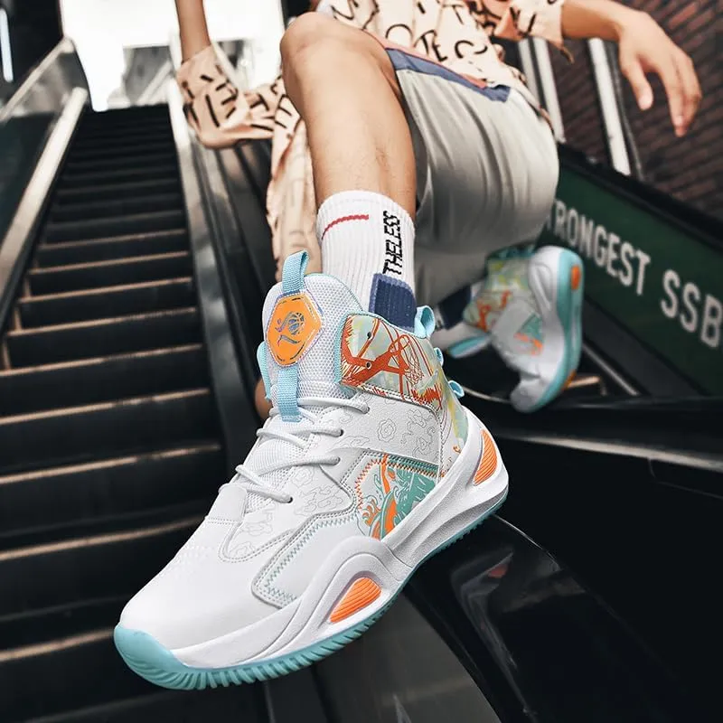 Womens Mens High-Top Basketball Shoes Breathable Lightweight Fashion Graffiti Athletic Sneakers Unisex Non Slip Outdoor Cushioning Training Sport Shoes