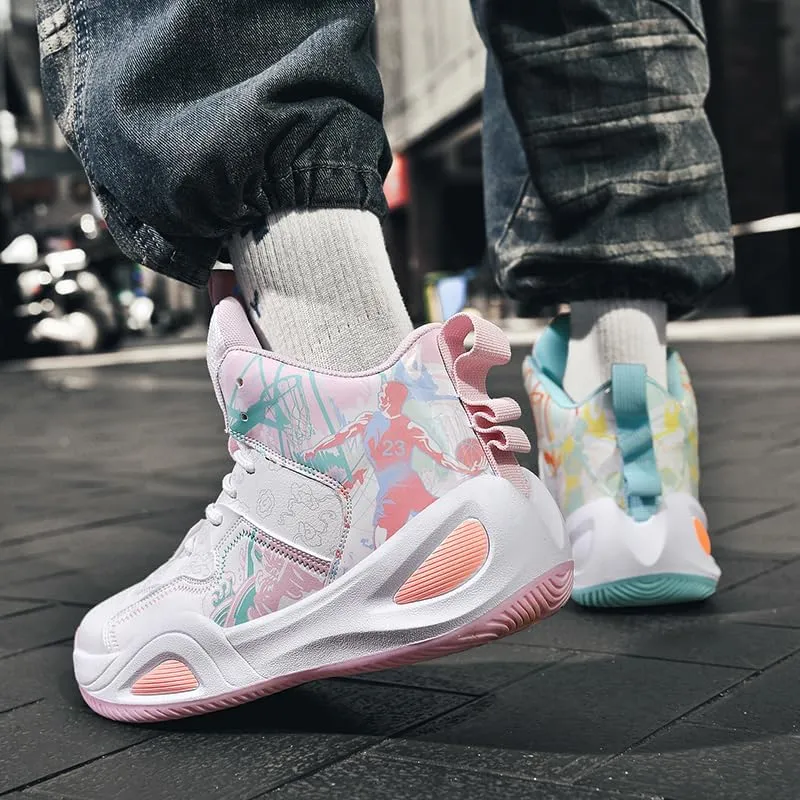 Womens Mens High-Top Basketball Shoes Breathable Lightweight Fashion Graffiti Athletic Sneakers Unisex Non Slip Outdoor Cushioning Training Sport Shoes