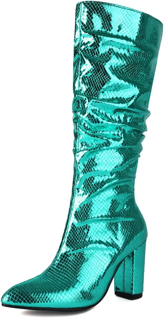 Women's Metallic Slouch Knee High Boots Block Heel Pointed Toe Faux Crocodile Long Boots