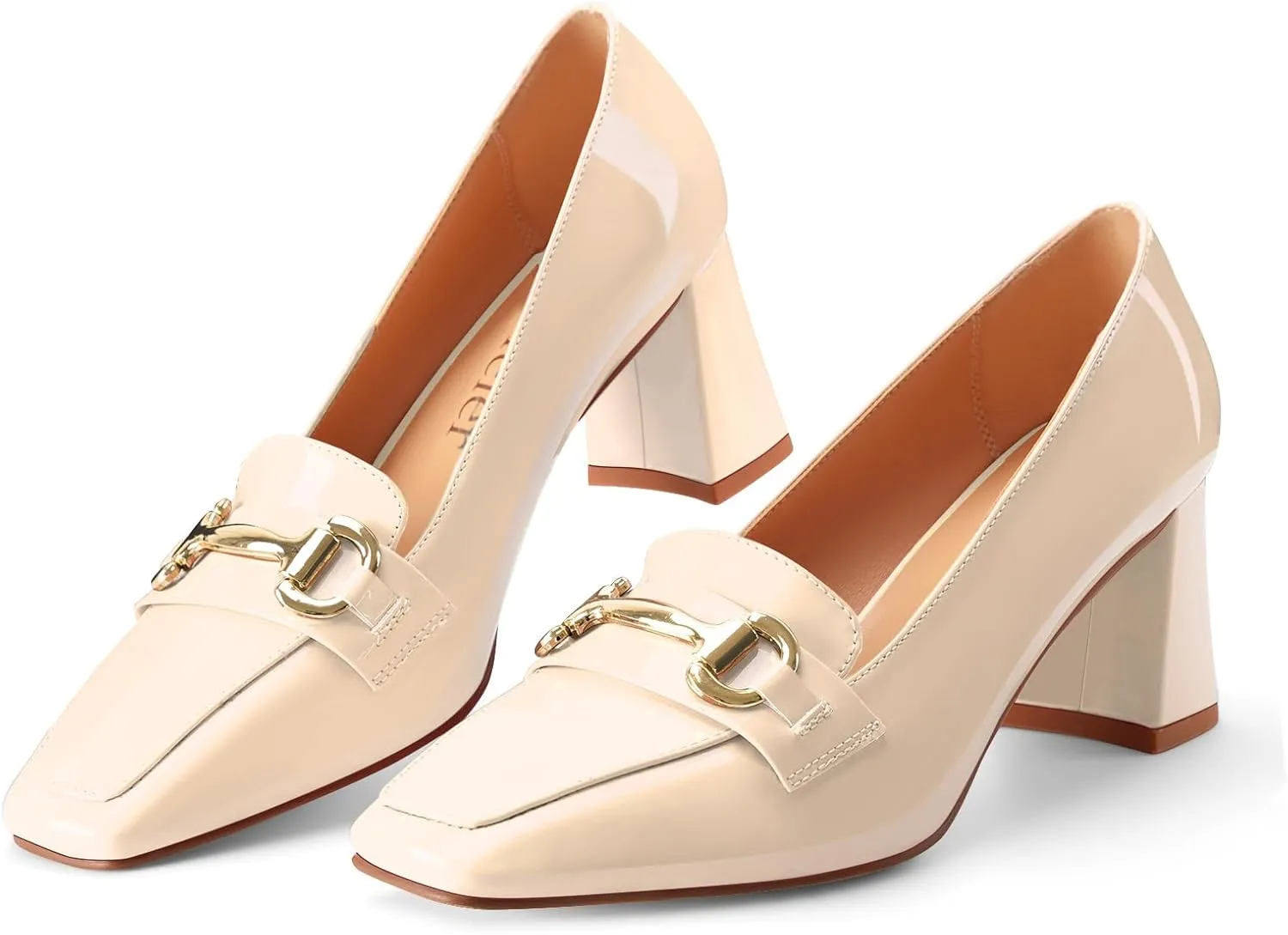 Womens Mid Block Chunky Heeled Loafers Closed Square Toe Patent Leather Comfortable Slip On Pumps Metal Chain Basic Classic Casual Work Office Dress Shoes 2.8 Inches Heels