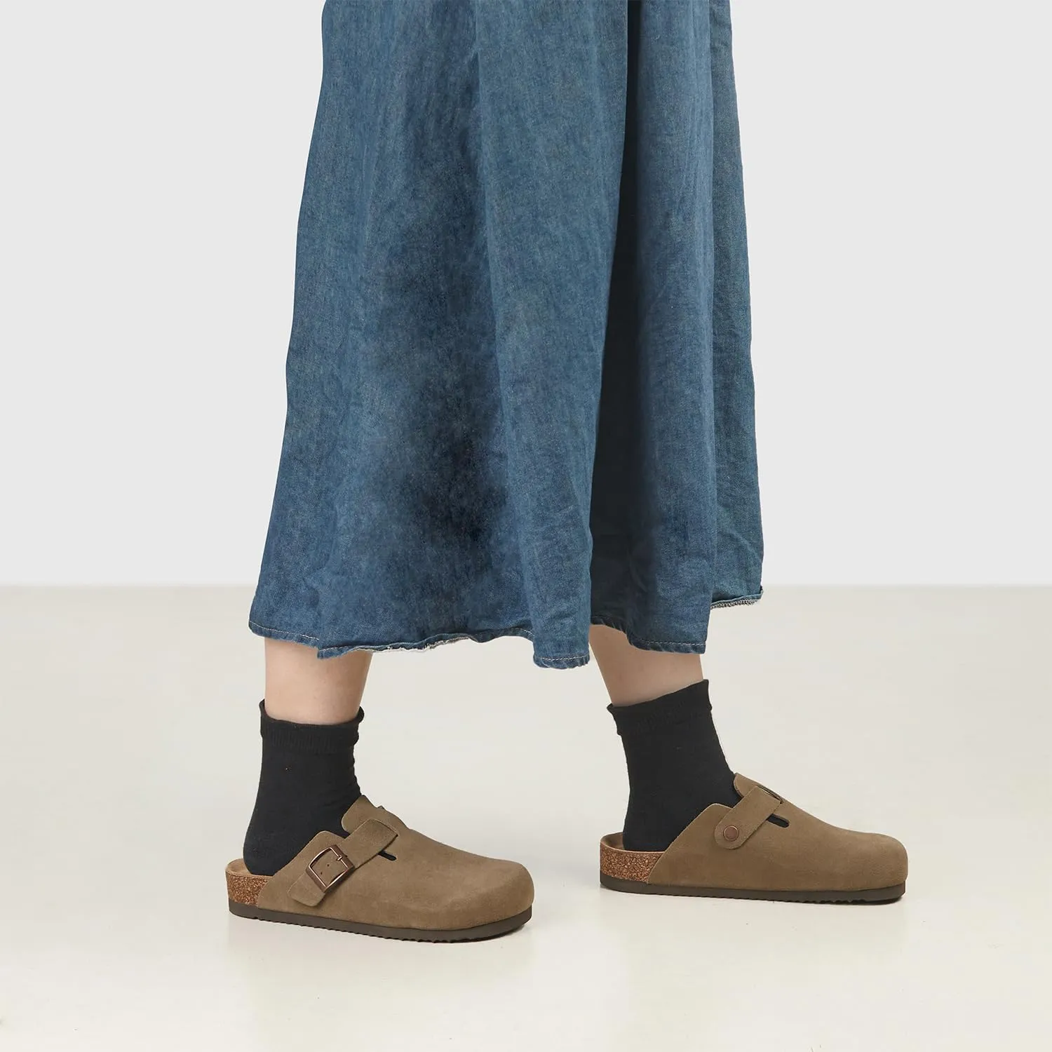 Women's Mules Clogs with Arch Support Cork Footbed Suede Clogs Adjustable Buckle Sandals