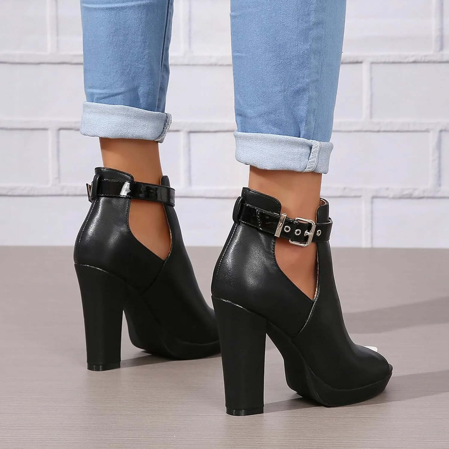 Women's Open Peep Toe Booties Summer Cutout Heels Ankle Strap Buckle Heeled Shoes Chunky Block Heel Dressy Sandals