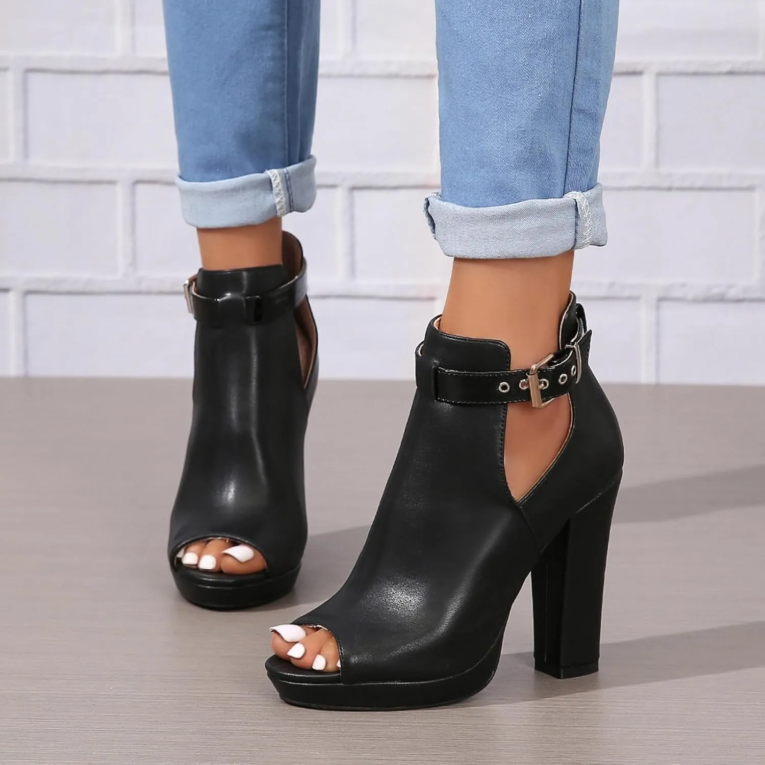 Women's Open Peep Toe Booties Summer Cutout Heels Ankle Strap Buckle Heeled Shoes Chunky Block Heel Dressy Sandals