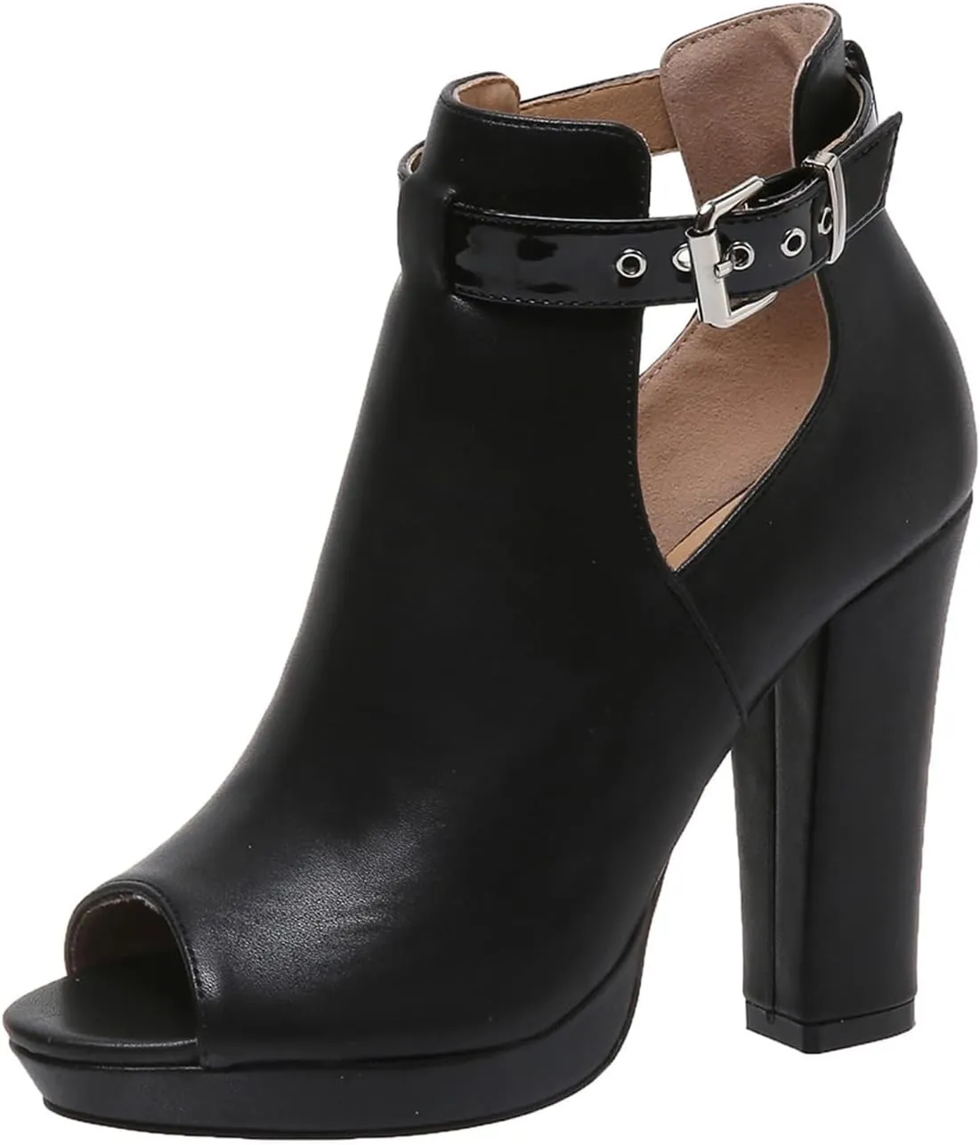Women's Open Peep Toe Booties Summer Cutout Heels Ankle Strap Buckle Heeled Shoes Chunky Block Heel Dressy Sandals