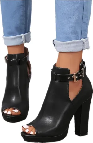 Women's Open Peep Toe Booties Summer Cutout Heels Ankle Strap Buckle Heeled Shoes Chunky Block Heel Dressy Sandals