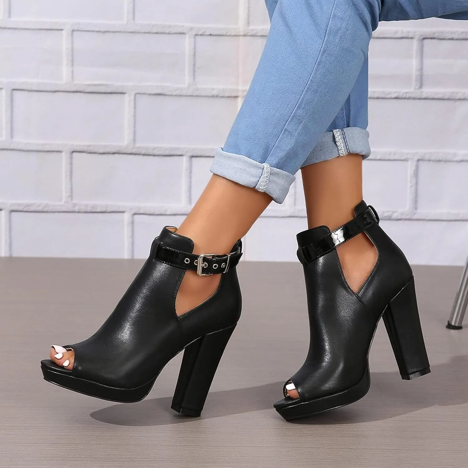 Women's Open Peep Toe Booties Summer Cutout Heels Ankle Strap Buckle Heeled Shoes Chunky Block Heel Dressy Sandals