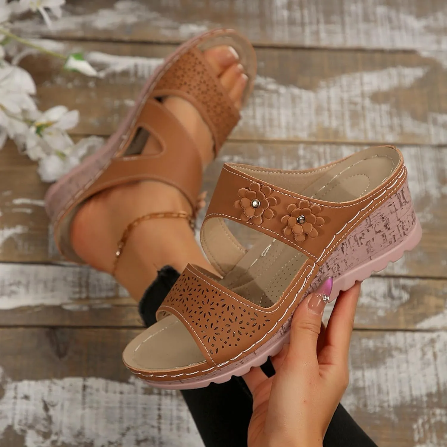 Women's Orthopedic Platform Wedge Sandals Ortho Comfort Strap Flowers Slide Sandals Dressy Summer Comfortable Lightweight Breathable Holes Arch Support Slippers Shock Absorbtion Wedge Shoes