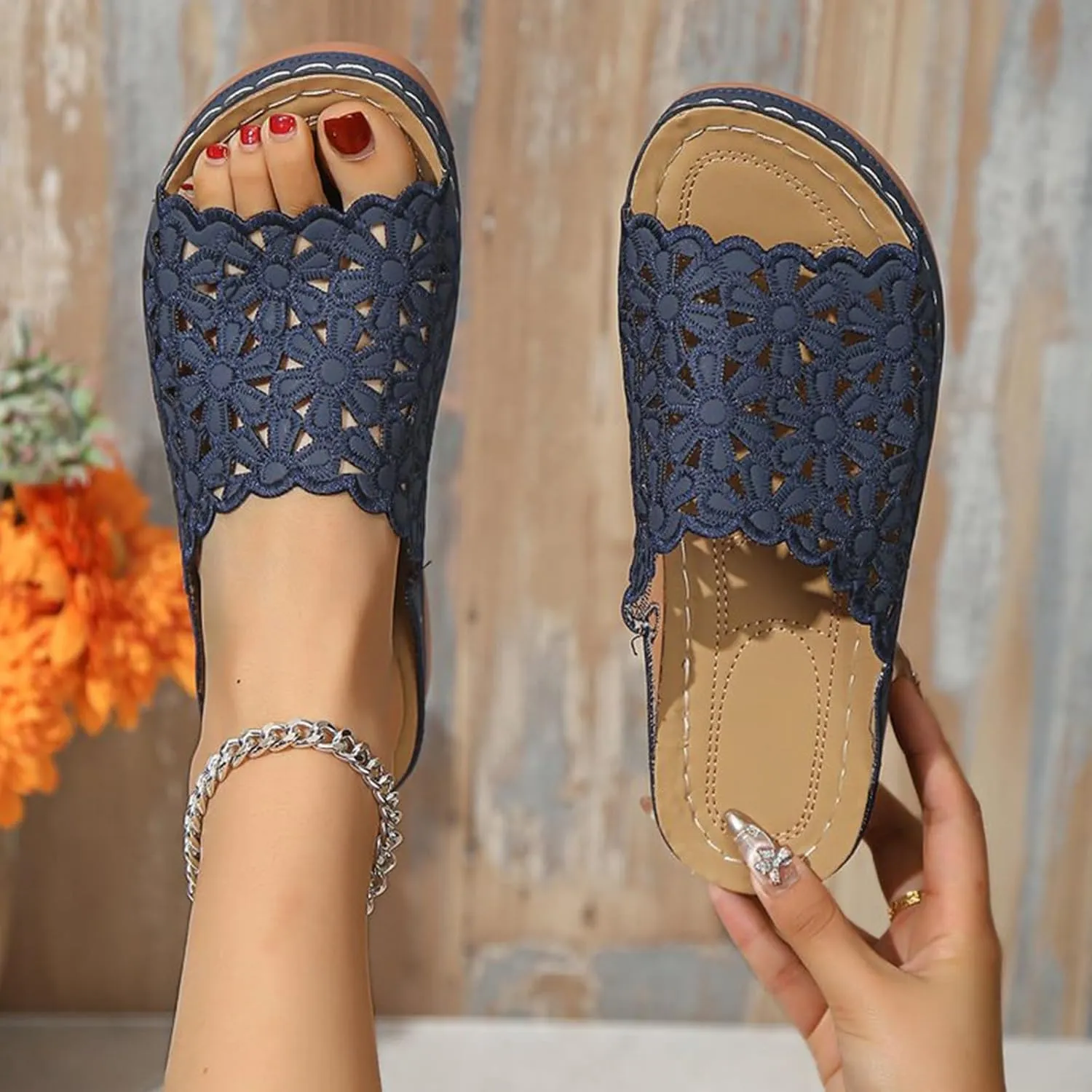 Women's Orthotic Cushion Flip Flops Recovery Walking Sandals for Women Dressy Summer Orthopedic Arch Support Wedge Slide Comfortable Open Toe Slip on Flowers Hollow Out Plantar Fasciitis Bunion Shoes