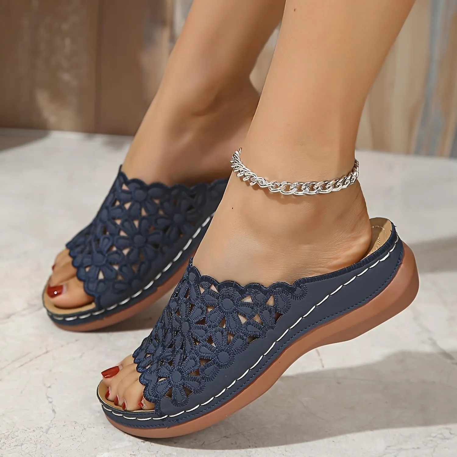 Women's Orthotic Cushion Flip Flops Recovery Walking Sandals for Women Dressy Summer Orthopedic Arch Support Wedge Slide Comfortable Open Toe Slip on Flowers Hollow Out Plantar Fasciitis Bunion Shoes