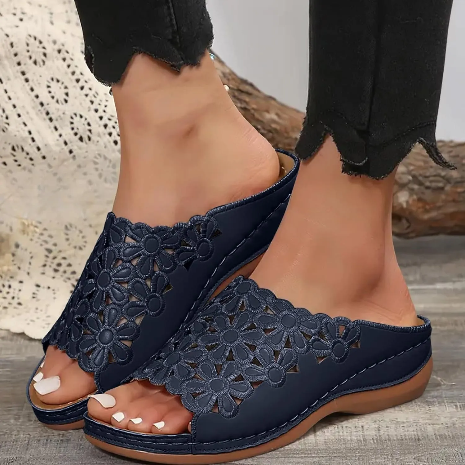 Women's Orthotic Cushion Flip Flops Recovery Walking Sandals for Women Dressy Summer Orthopedic Arch Support Wedge Slide Comfortable Open Toe Slip on Flowers Hollow Out Plantar Fasciitis Bunion Shoes