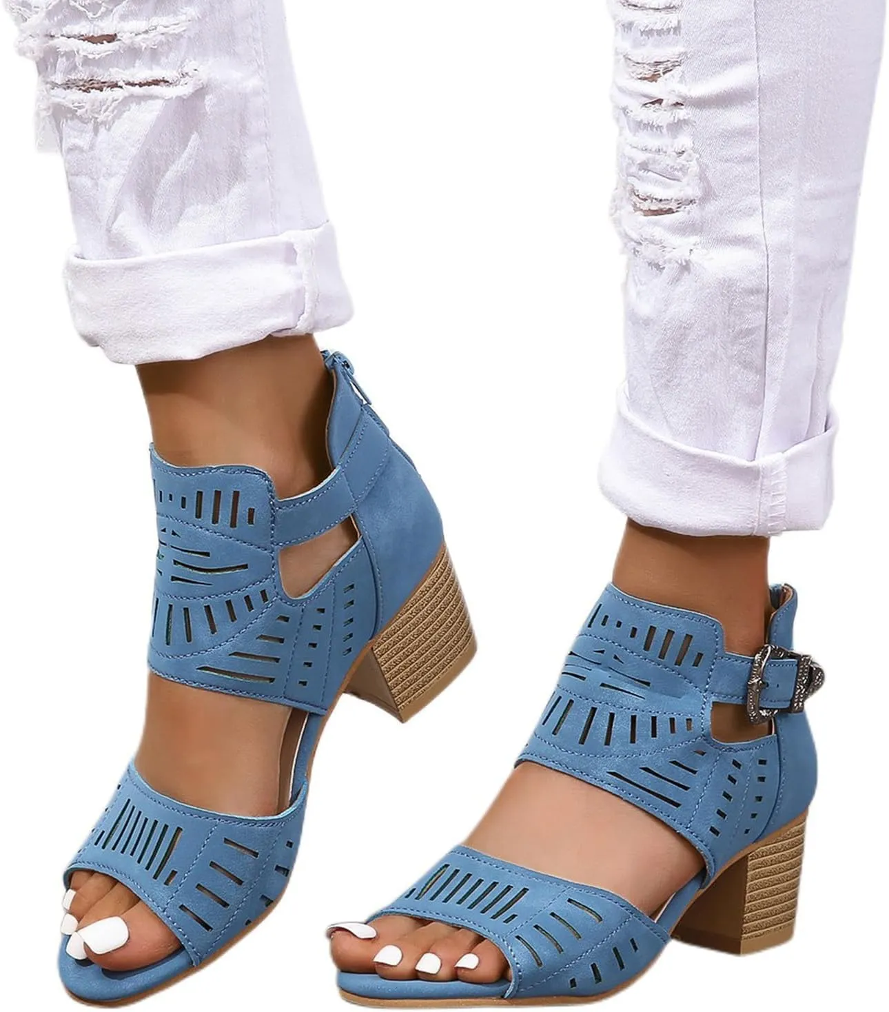 Womens Peep Toe Booties Summer Cutout Side Ankle Strap Buckle Chunky Low Heels Dressy Sandals with Back Zipper High Suede Dress Heel Hollow Out Heeled Stacked Sandal Black Slingback