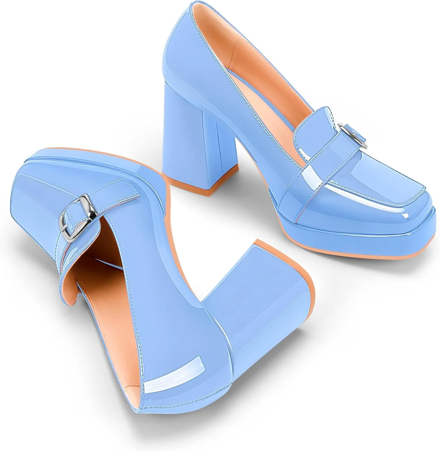 Women's Platform Chunky High Heel Loafers Patent Leather Buckle Pumps Office Dress Shoes