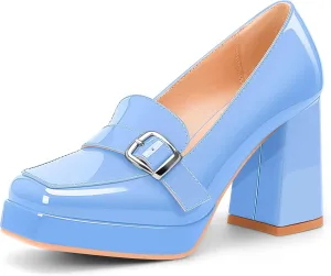 Women's Platform Chunky High Heel Loafers Patent Leather Buckle Pumps Office Dress Shoes