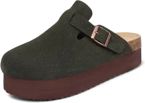 Women's Platform Clogs Adjustable Buckle Cork Footbed Slip on Suede Clog Slippers - Comfort Platform Clogs Leather Mules Cork Footbed Potato Shoes 6-11 Size