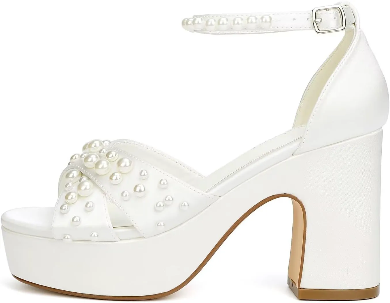 Women's Platform Heels Pearl Wedding Shoes for Bride Open Toe Chunky Heel Bridal Sandals