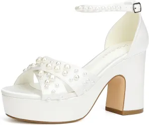 Women's Platform Heels Pearl Wedding Shoes for Bride Open Toe Chunky Heel Bridal Sandals