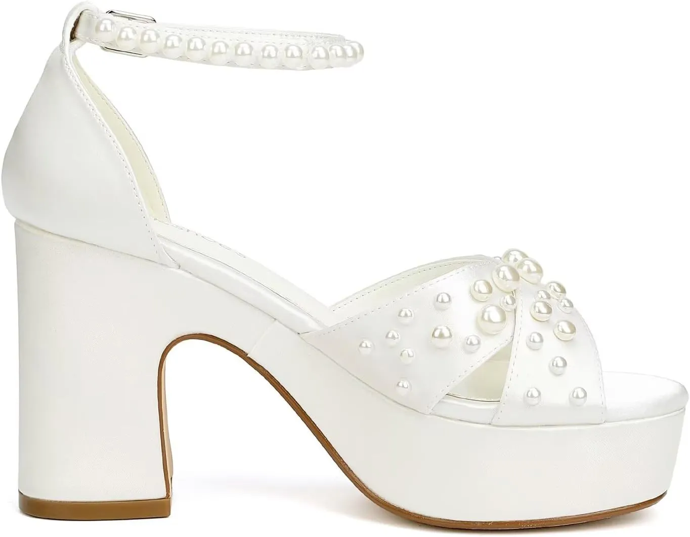 Women's Platform Heels Pearl Wedding Shoes for Bride Open Toe Chunky Heel Bridal Sandals