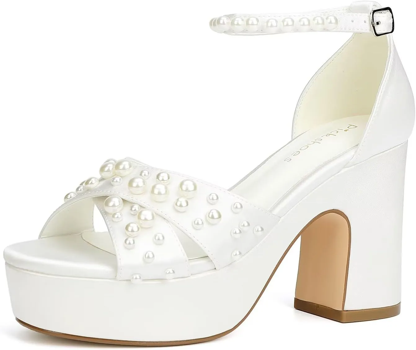 Women's Platform Heels Pearl Wedding Shoes for Bride Open Toe Chunky Heel Bridal Sandals