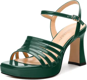 Women's Platform Sandals, Ankle Strap Square Open Toe Buckle Heels for Women, Fashion Solid Patent High Heel Sandals Shoes 3.35 inch