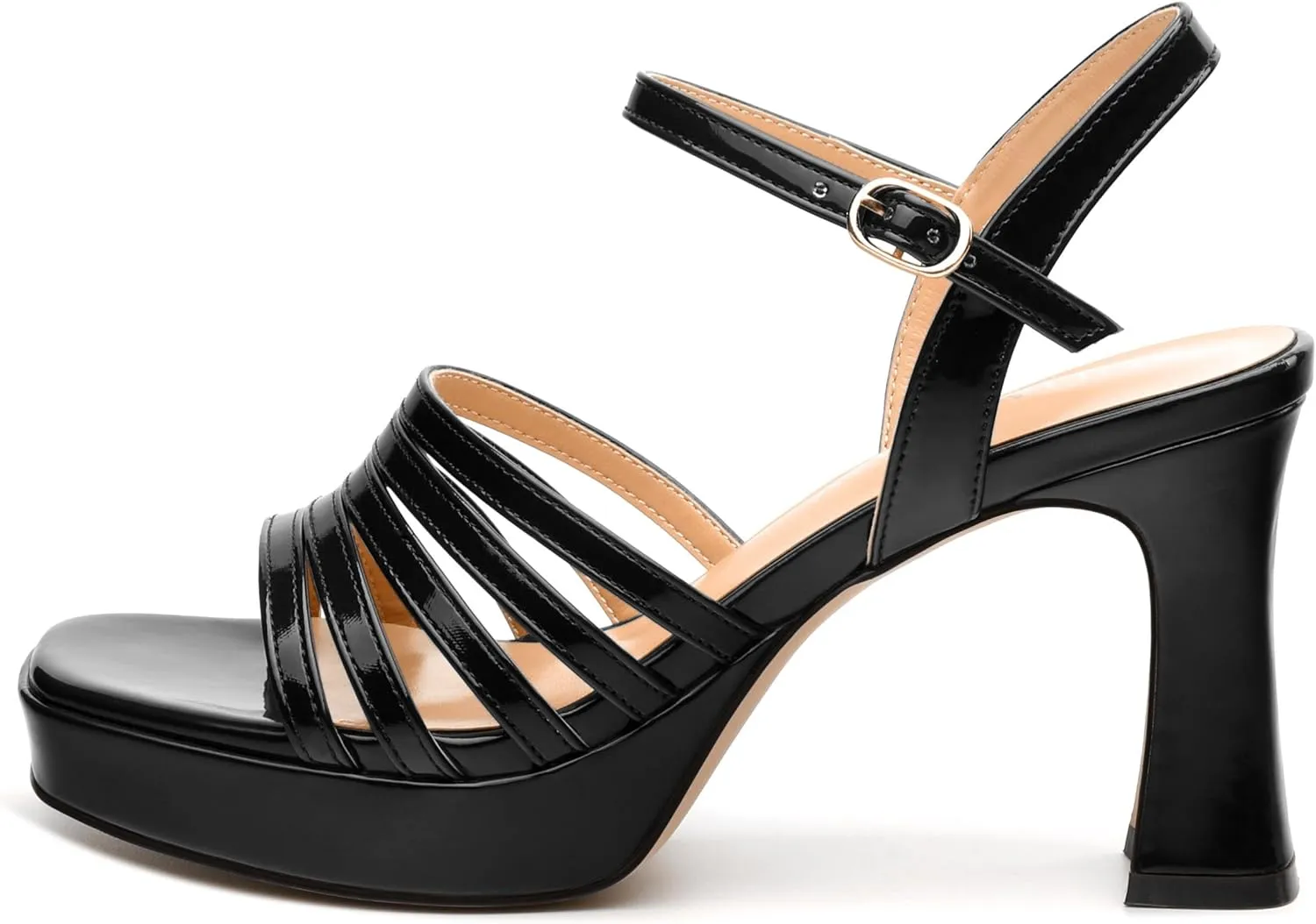 Women's Platform Sandals, Ankle Strap Square Open Toe Buckle Heels for Women, Fashion Solid Patent High Heel Sandals Shoes 3.35 inch