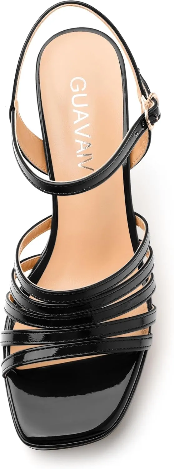 Women's Platform Sandals, Ankle Strap Square Open Toe Buckle Heels for Women, Fashion Solid Patent High Heel Sandals Shoes 3.35 inch