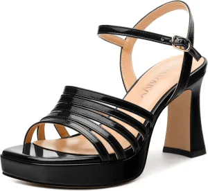 Women's Platform Sandals, Ankle Strap Square Open Toe Buckle Heels for Women, Fashion Solid Patent High Heel Sandals Shoes 3.35 inch