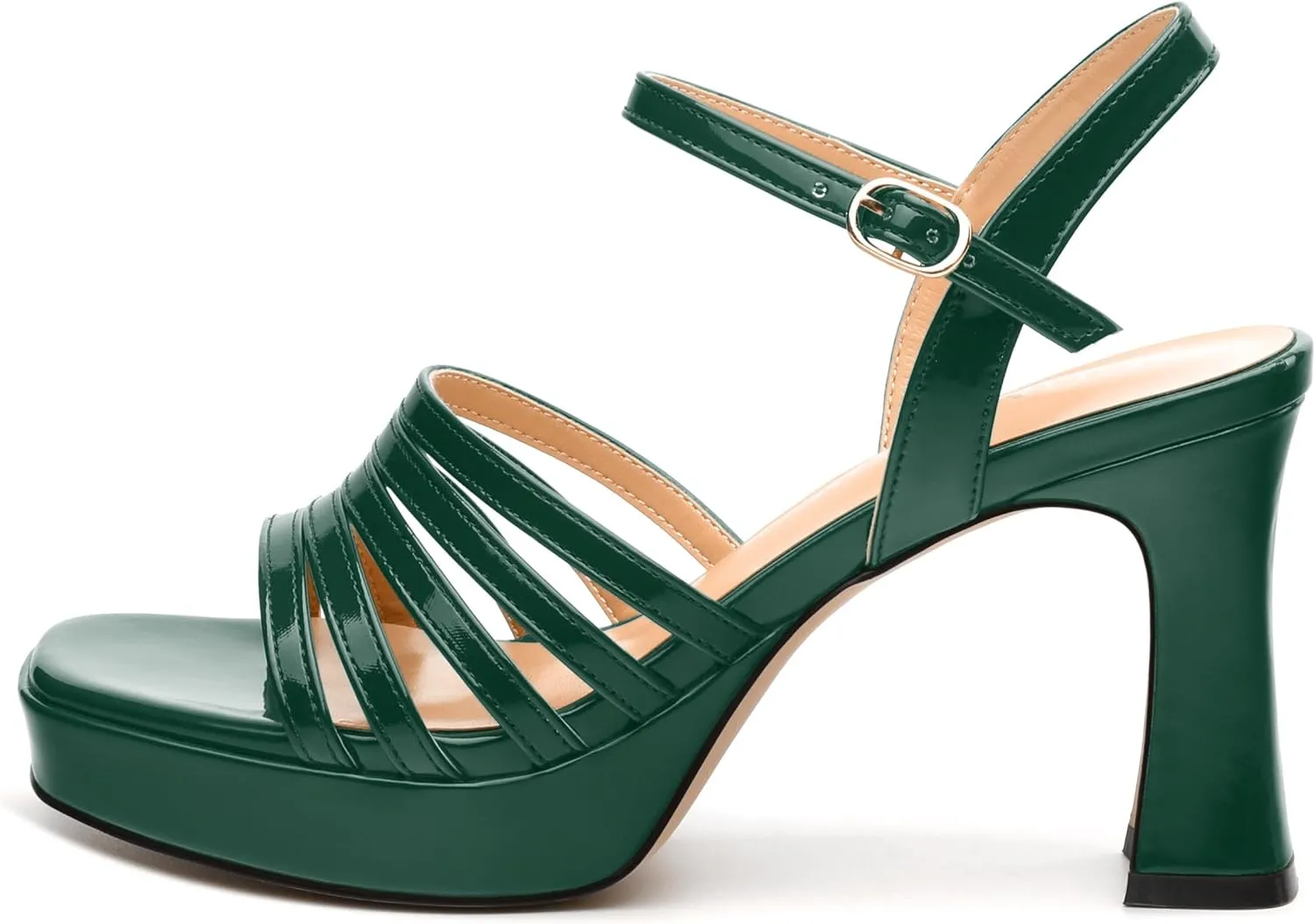 Women's Platform Sandals, Ankle Strap Square Open Toe Buckle Heels for Women, Fashion Solid Patent High Heel Sandals Shoes 3.35 inch