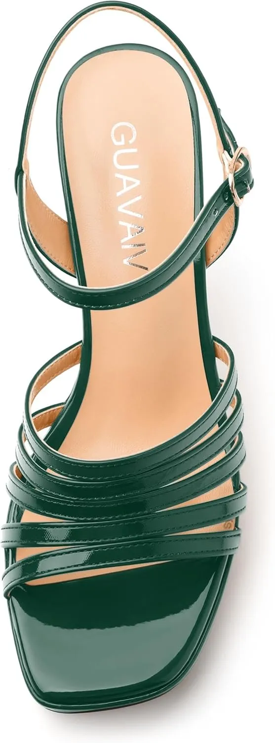Women's Platform Sandals, Ankle Strap Square Open Toe Buckle Heels for Women, Fashion Solid Patent High Heel Sandals Shoes 3.35 inch