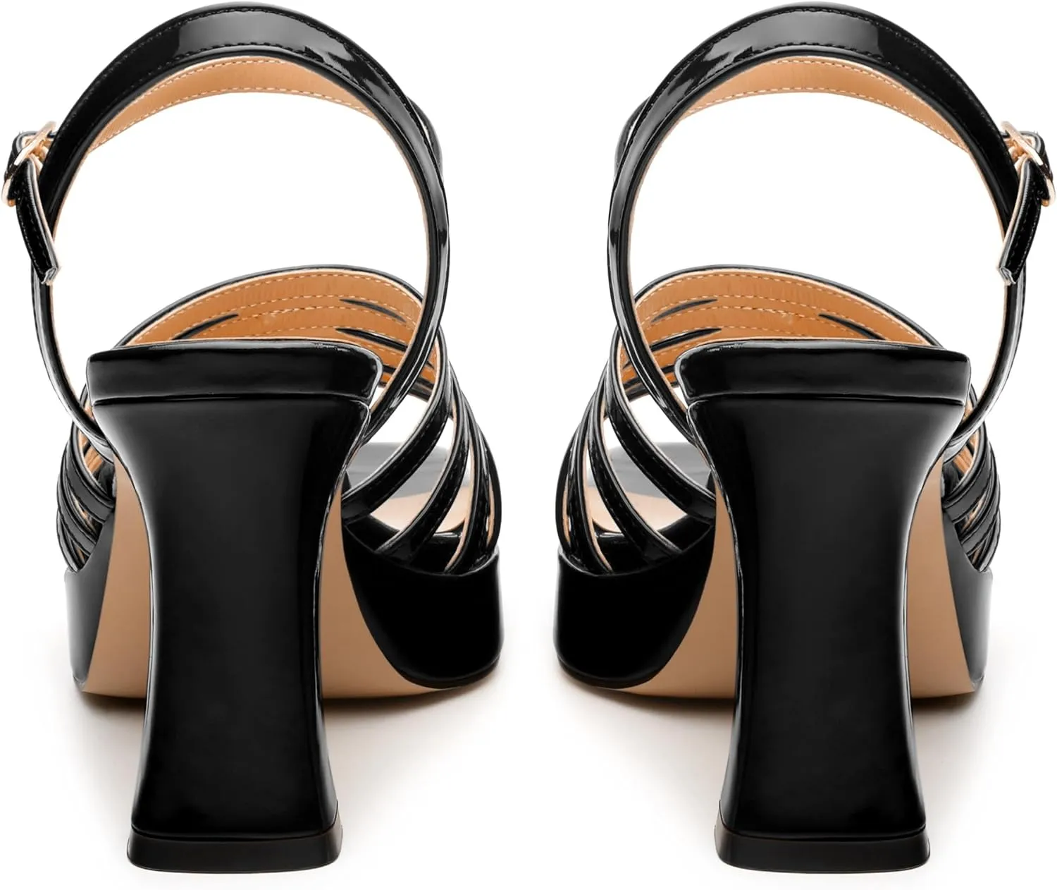Women's Platform Sandals, Ankle Strap Square Open Toe Buckle Heels for Women, Fashion Solid Patent High Heel Sandals Shoes 3.35 inch