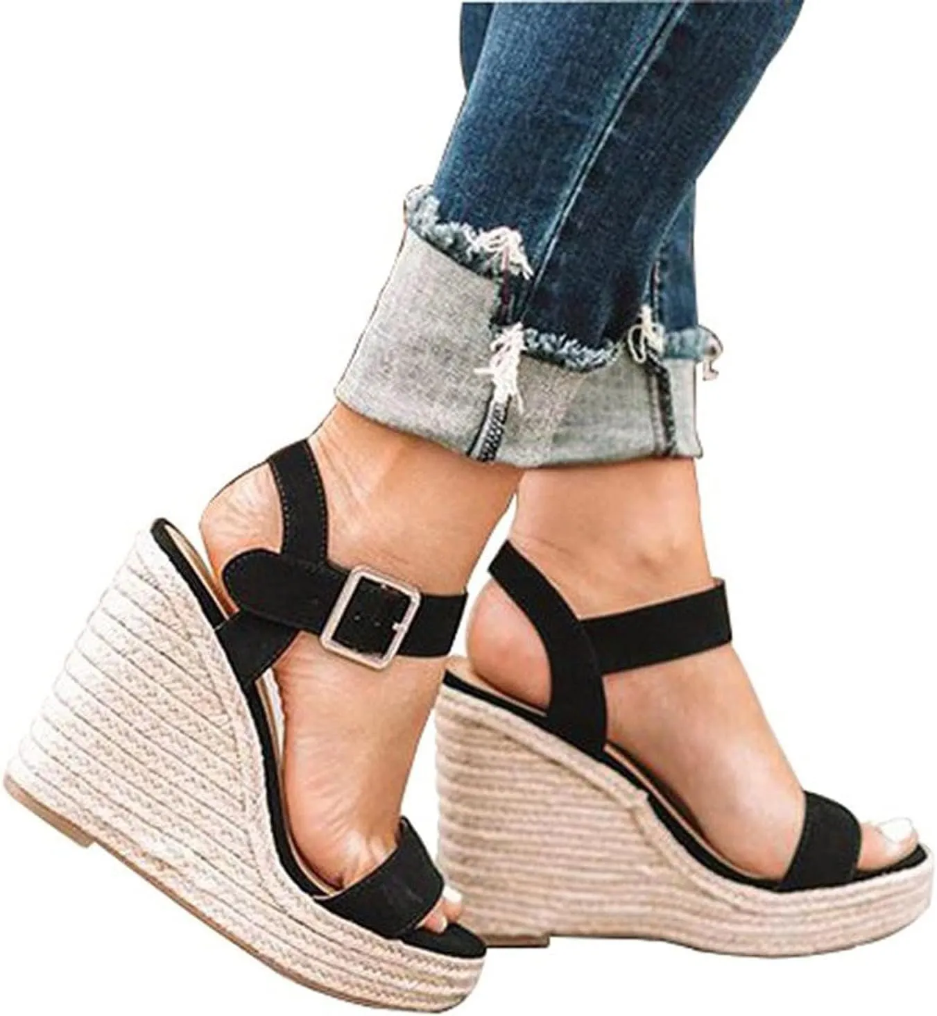 Womens Platform Sandals Wedge Ankle Strap Open Toe Sandals Platform Espadrilles Wedges, Single Bands Buckle Slip on Walking Shoes Summer Fashion Dress Shoes