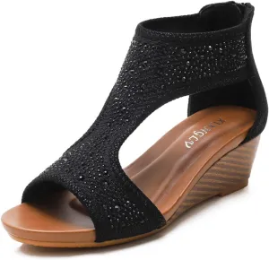 Women's Platform Sandals, Wedge Sandals, Rhinestone Sandal Shoes, Back Zip Wedge Sandals, Fairy Style (Color : Black, Size : 6.5)