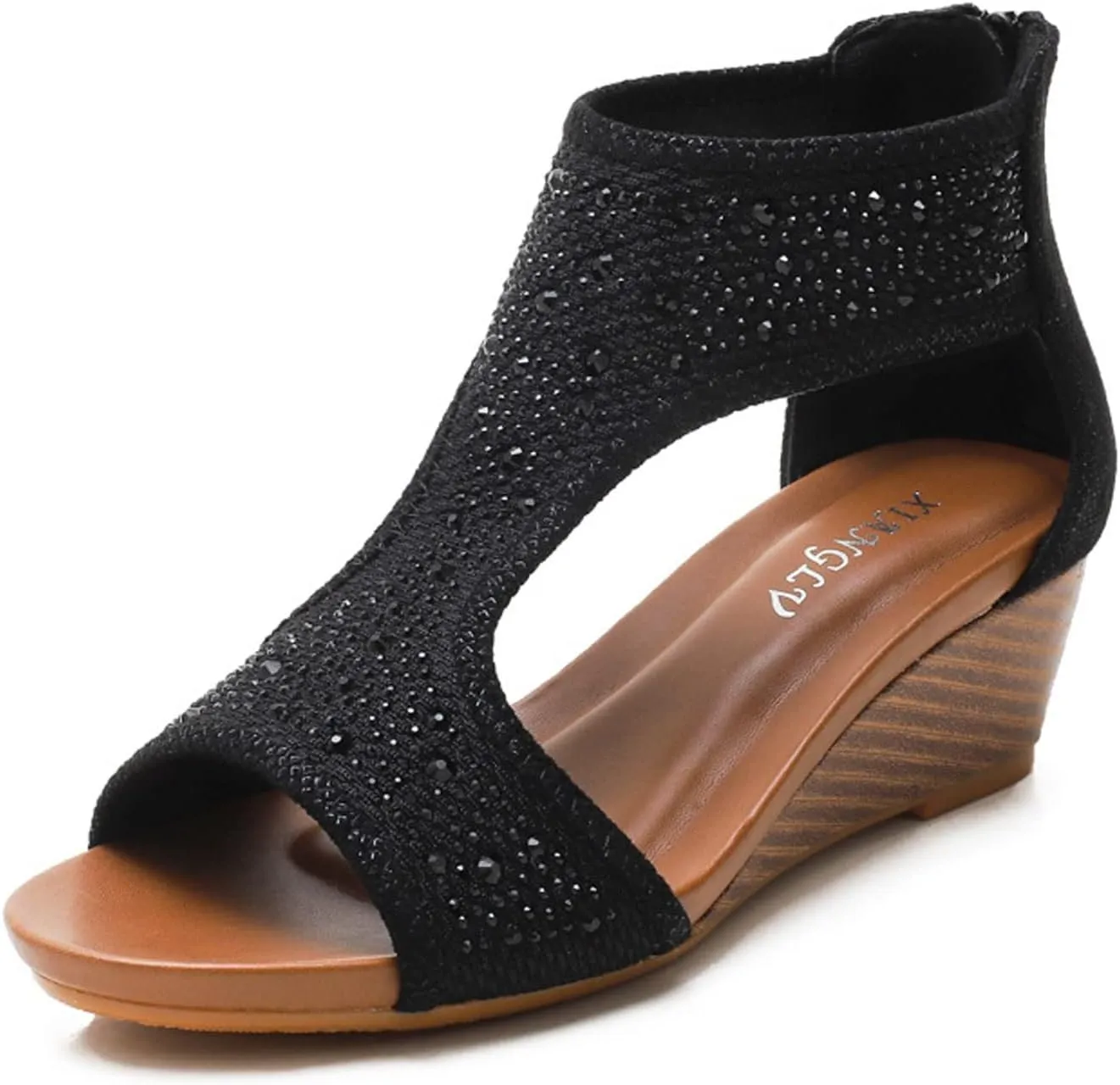 Women's Platform Sandals, Wedge Sandals, Rhinestone Sandal Shoes, Back Zip Wedge Sandals, Fairy Style (Color : Black, Size : 6.5)