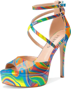 Women's Platform Stiletto High Heels Peep Open Toe Crisscross Stilettos Strappy Sandals Heeled Spring Summer Sandals for Ladies Comfy 5 Inch