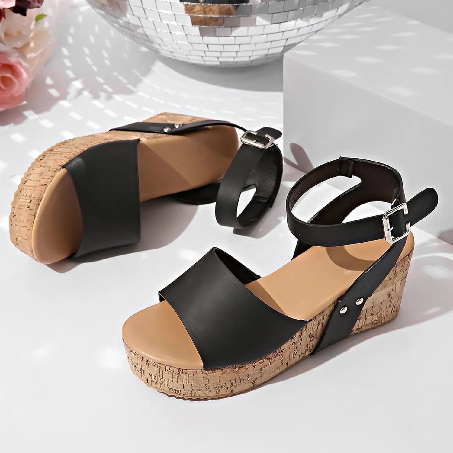 Women's Platform Wedge Sandals Open Toe Summer Casual Shoes with Cork Wedge Heel Comfortable for Outdoor Vacation