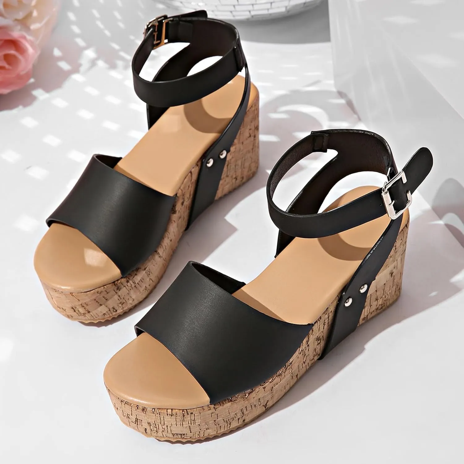 Women's Platform Wedge Sandals Open Toe Summer Casual Shoes with Cork Wedge Heel Comfortable for Outdoor Vacation