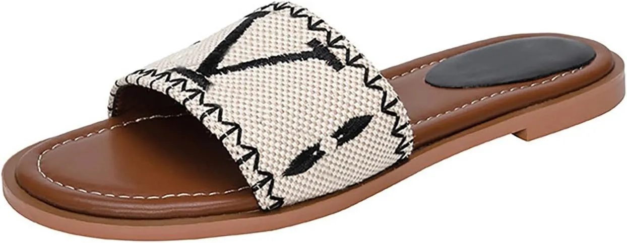 Women's Raffia Sandals Summer Woven Open Toe Luxury Embroidered Slide Sandals Leather Flat Sandal for Walking