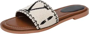 Women's Raffia Sandals Summer Woven Open Toe Luxury Embroidered Slide Sandals Leather Flat Sandal for Walking