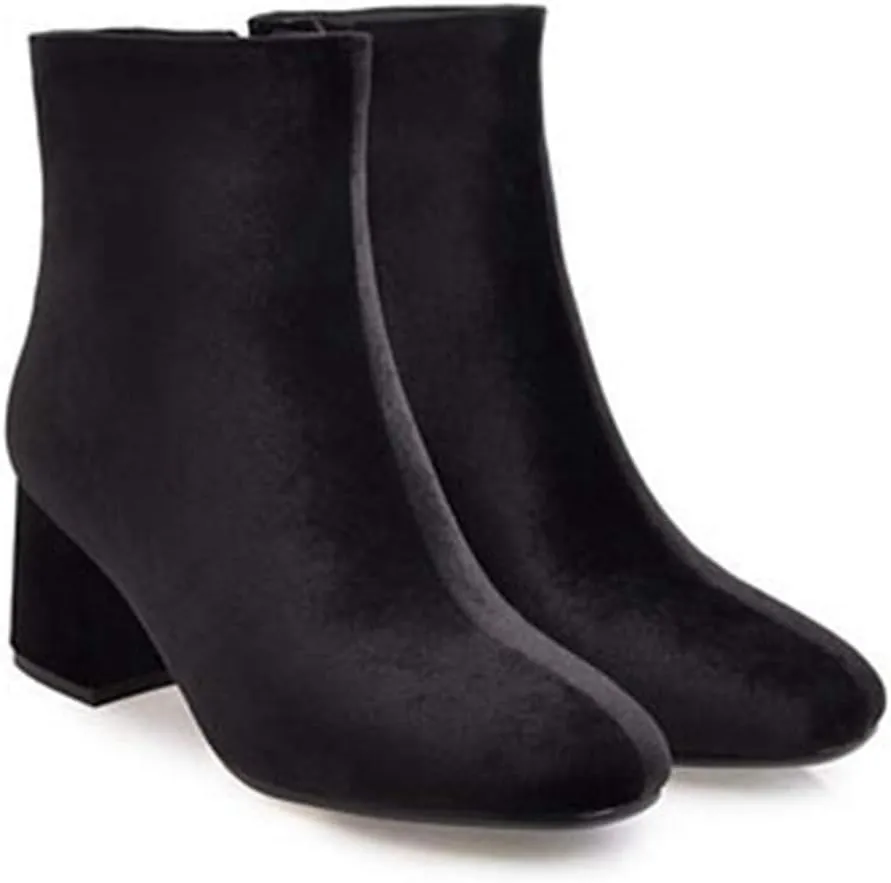 Women's Retro Dressy Ankle Boots Square Toe Zipper Velvet Lined Booties Chunky Mid Heel Short Boot