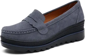 Women's Retro Suede Casual Loafers Slip-On Comfort Wedge Walking Shoes Moccasin Lightweight Non-Slip Thick Sole Boat Shoes
