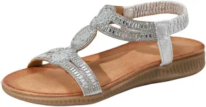 Women's Rhinestone Bohemian Sandals, Comfort Elastic Strap Design, Multiple Colors